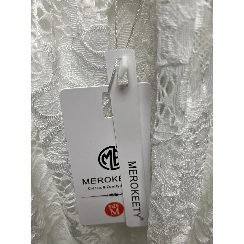 MEROKEETY Women's Floral Lace Short Sleeve Dress White color Tie Back size Med